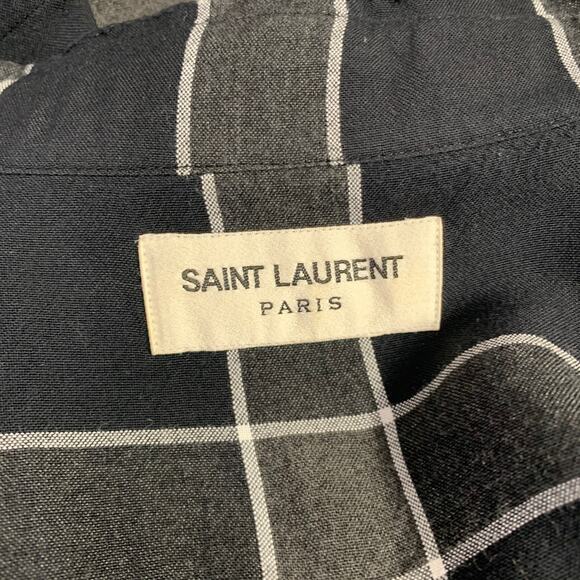 SAINT LAURENT Size M Grey Black White Plaid Tencel Viscose Long Sleeve Shirt - Picture 4 of 7